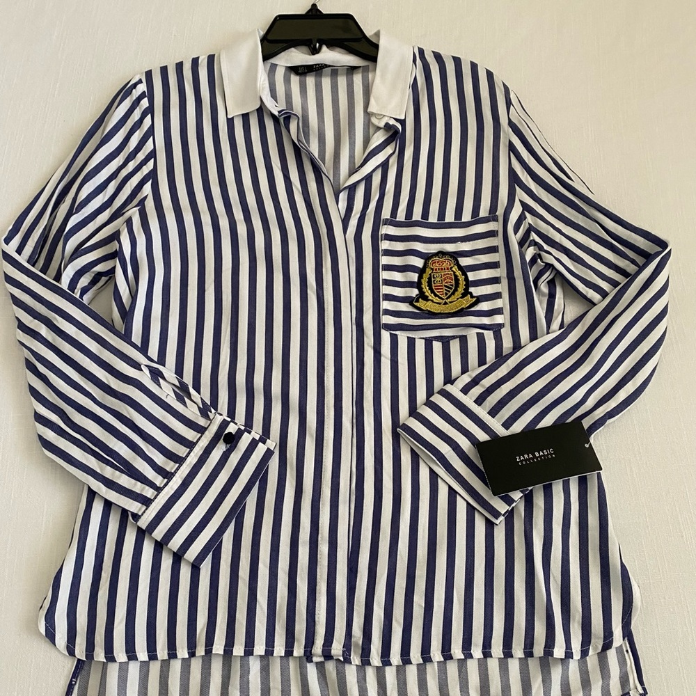 Zara Navy and White Striped Button-Down Shirt with Crest Patch